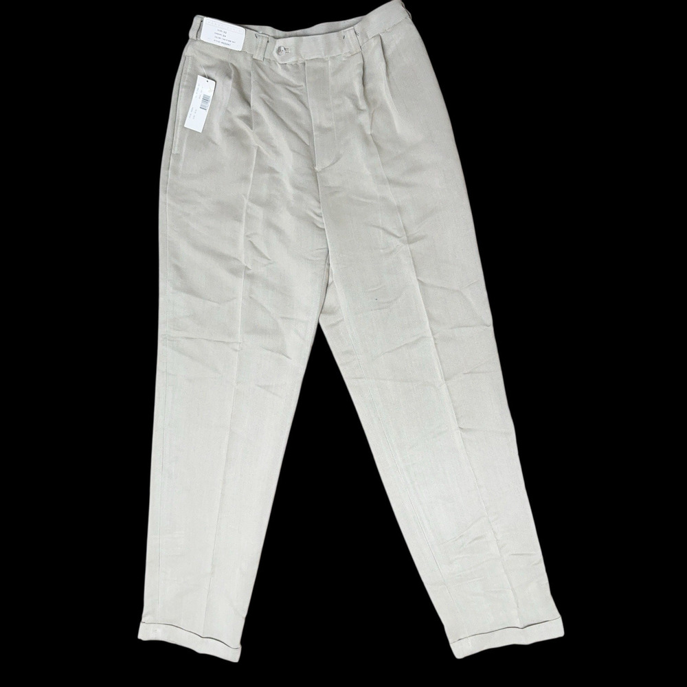 New Perry Ellis Dress Pants Mens 32 x 34 Stone Natural Gray Pleated Cuffed